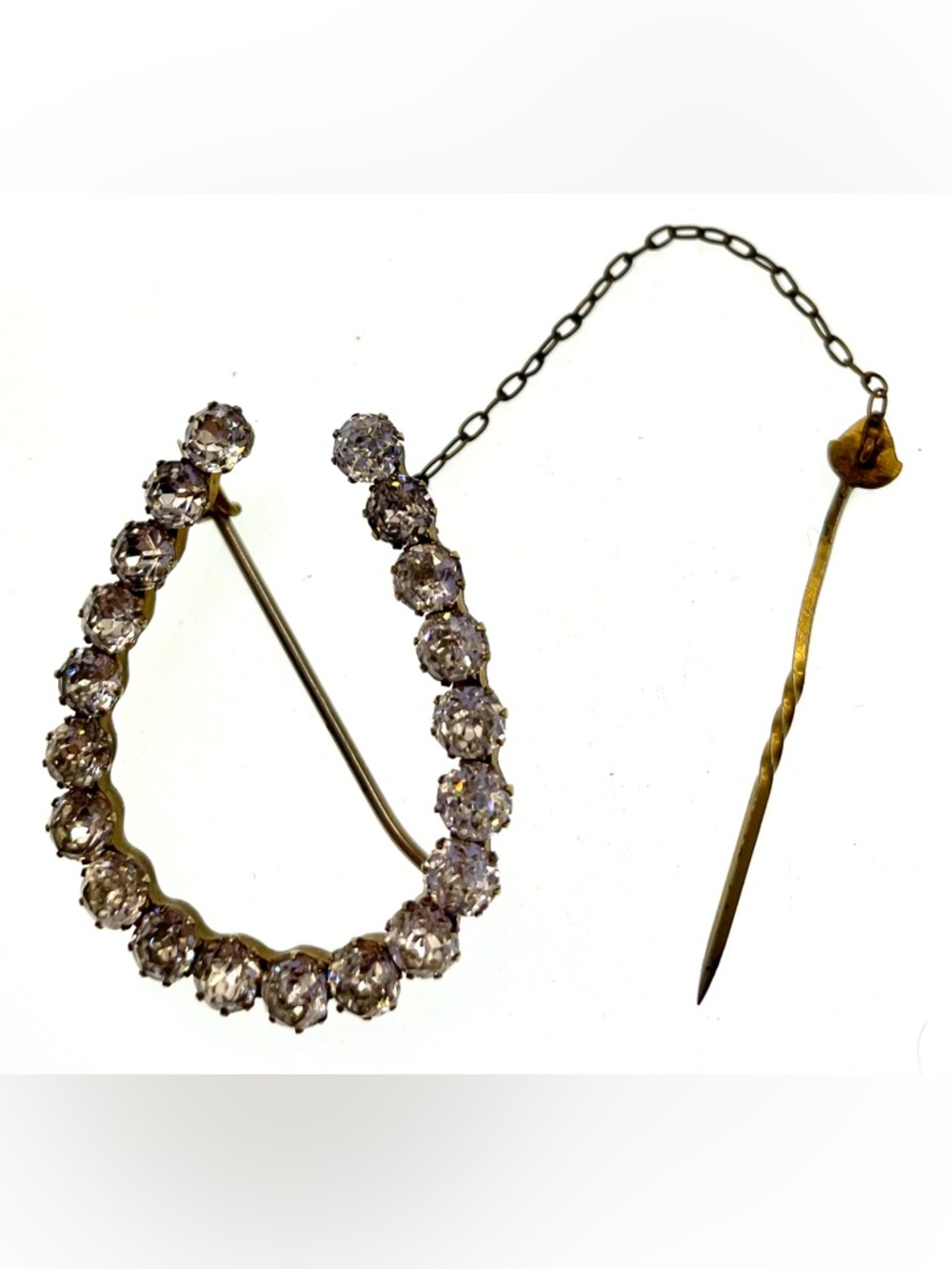 Antique Victorian Rhinestone Horseshoe Brooch Pin w/Safety Chain Lucky Estate